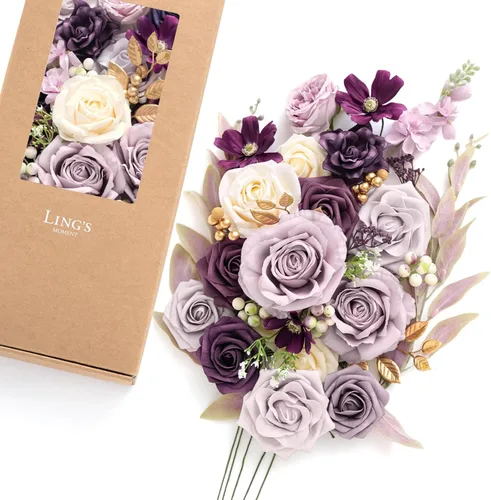 Miniatura 35 de Ling's moment Caja de Flores Falsas, Tallos de Vegetación Artificial Falsa Rosas de Espuma Dalias de Seda Hojas de Rosa Flor de Tela para Centros