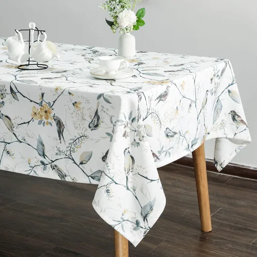 Miniatura 4 de VOGOL Mantel rectangular de lino lavable, resistente a las manchas y a las arrugas, estampado floral y de pájaros, mesa decorativa para mesa