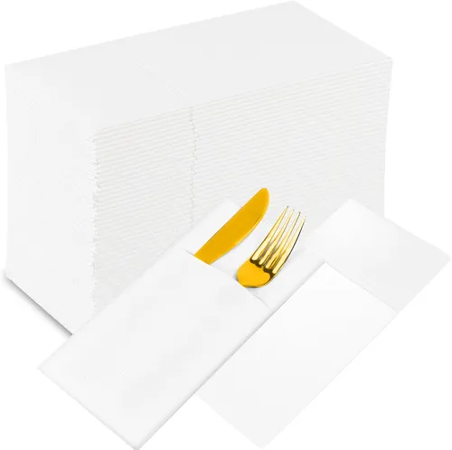 KAMMAK Servilletas blancas de papel de cena con bolsillo, paquete de 200 servilletas desechables de lino para recepción de boda, servilletas a