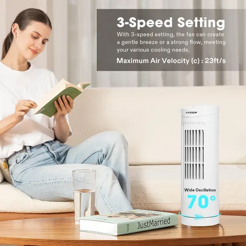 Miniatura 2 de VIVOSUN Ventilador de torre de 13 pulgadas, ventilador de escritorio sin aspas con 3 velocidades y oscilación de 70°, portátil y compacto