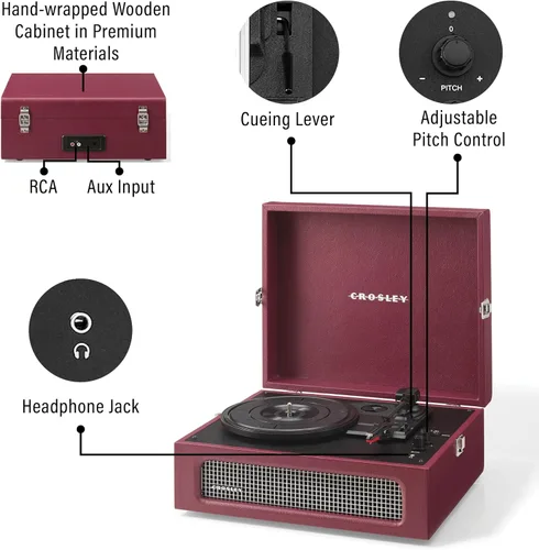 Miniatura 5 de Crosley CR8017B-BU Voyager - Tocadiscos portátil clásico de vinilo con Bluetooth de entrada/salida y altavoces integrados, color burdeos Borgoña