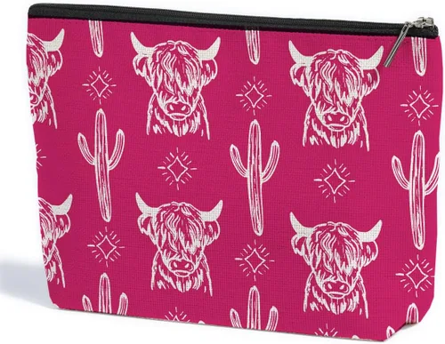ZHAMEN Western Cow Makeup Bag, Western Gifts for Women, Stuff Highland Cow Gifts Cowgirl Gifts Retro Cosmetic Bag Zipper Pouch for Mothers Day