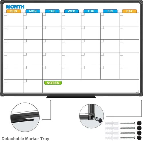 Miniatura 2 de JILoffice Calendario de Pizarra Blanca de Borrado en Seco - Calendario de Pizarra Blanca Magnética Mensual 24 X 18 Pulgadas, Marco de Aluminio Negro