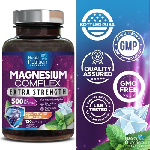 Miniatura 4 de Complejo de magnesio de 500 mg por porción – Cápsulas de polvo de magnesio de absorción máxima para músculos, nervios, huesos y corazón, complejo