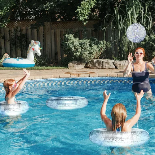 Miniatura 2 de Hungdao 4 unidades de flotador inflable con purpurina para piscina, anillo de natación con confeti y bola de playa con purpurina, pelota de playa