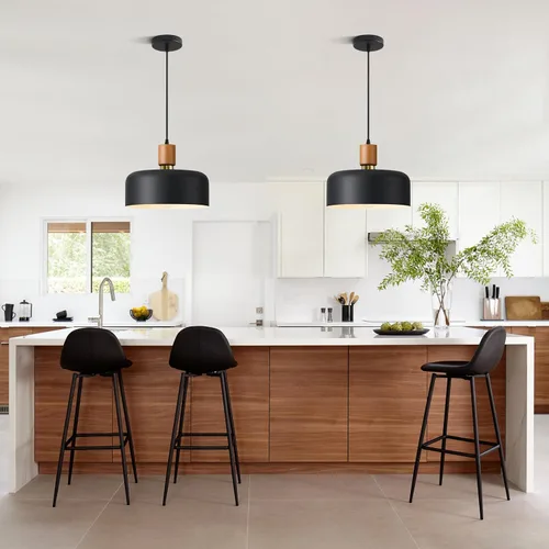 Miniatura 7 de Lámpara colgante moderna negra sobre isla de cocina, iluminación colgante industrial, lámpara colgante de techo de madera ajustable para comedor