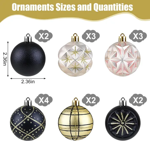 Miniatura 2 de 16 piezas de esferas decorativas de Navidad - Decoraciones para árbol de Navidad de 2.36 pulgadas en negro y dorado, bolas colgantes inastillables