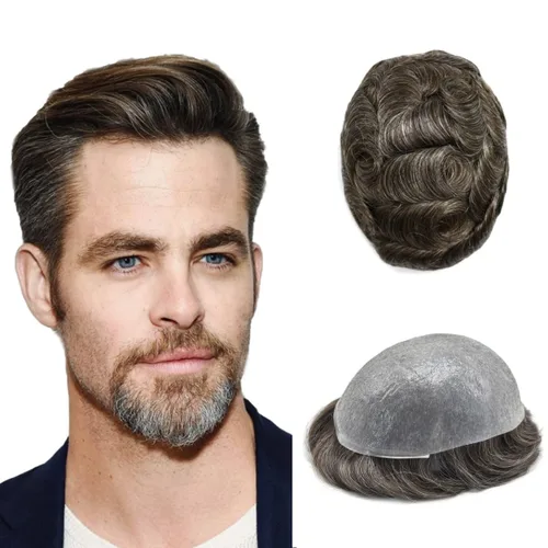 Miniatura 99 de Tupé para hombre, extensiones de cabello humano Remy para hombre, piel fina, 0.002 in, sistema de reemplazo de cabello con bucle en V para hombres