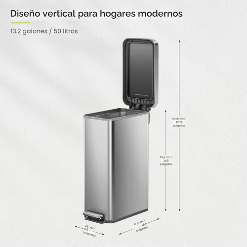 Miniatura 4 de EKO Hudson Slim - Cubo de basura para cocina de 50L/13.2 galones con tapa, cubo de basura de acero inoxidable con pedal para cocina o hogar, cubo