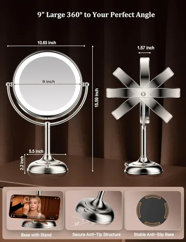 Miniatura 6 de VESAUR Espejo de maquillaje iluminado 2026 actualizado 20X con aumento, espejo de aumento de 9 pulgadas 1X10X con 3 modos de color y brillo
