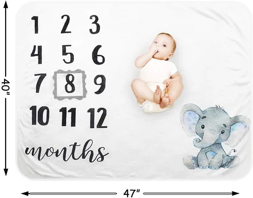 Miniatura 4 de Manta mensual de hitos para bebé, forro polar de felpa orgánica para fotografía de fondo para niño y niña, manta de elefante suave con marco grande