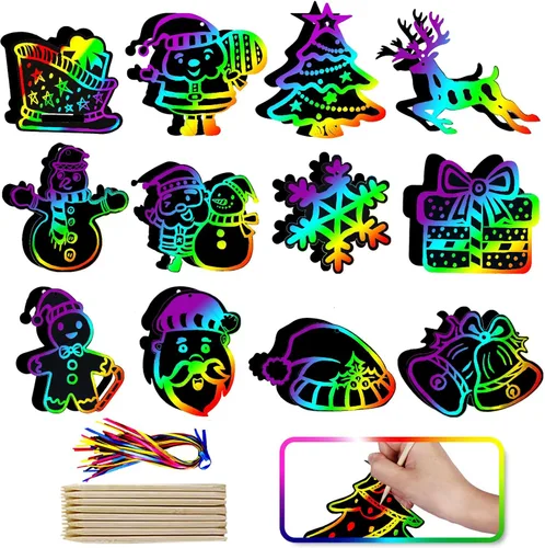Max Fun Manualidades de Navidad para niños, 96 piezas de adornos de arco iris mágico, tarjetas para raspar de papel, suministros de arte para