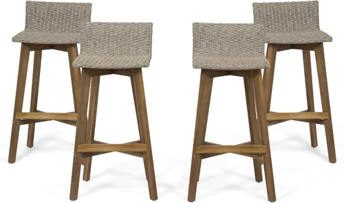 GDFStudio Taburetes de bar de madera y mimbre para exteriores (juego de 4), marrón claro y teca