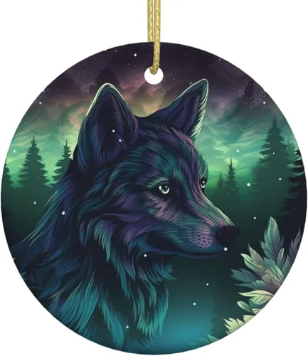 Miniatura 8 de Adornos de cerámica para árbol de Navidad, diseño de lobo del bosque, adornos redondos de cerámica, divertidas decoraciones de Navidad, colgantes