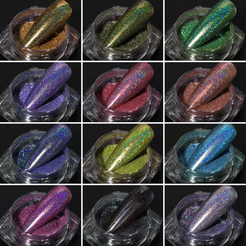 Miniatura 7 de 12 Frascos de Polvo Holográfico para Uñas, Kit de Polvo Cromado para Uñas Negro Azul Conjunto de Polvo de Purpurina Ultra Fino, Pigmento Neón