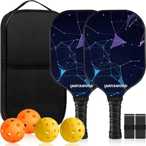 Juego de 2 palas de pickleball de fibra de vidrio, 2 raquetas de pickleball, 4 bolas, 2 agarres y 1 bolsa de transporte portátil, paquete de 2 Negro