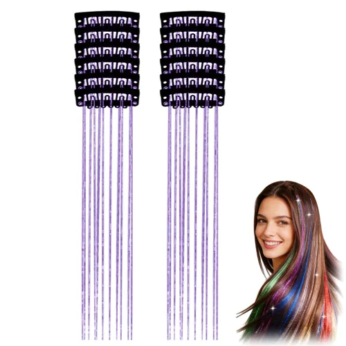 Miniatura 16 de 12 extensiones de cabello de oropel con clip, color champán, extensiones de cabello de oropel con clip, extensiones de cabello con purpurina