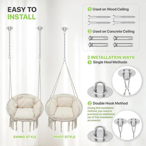 Miniatura 8 de Magshion Silla hamaca colgante con acogedor cojín completo, silla columpio de macramé exterior con capacidad de 350 libras, muebles decorativos Beige