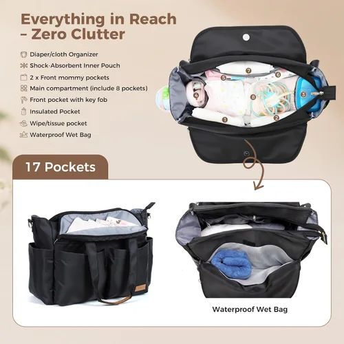 Miniatura 3 de Lekebaby Bolsa de pañales – 17 bolsillos grande para pañales de viaje impermeable con cambiador portátil, bolsa de hospital cruzada para mamá