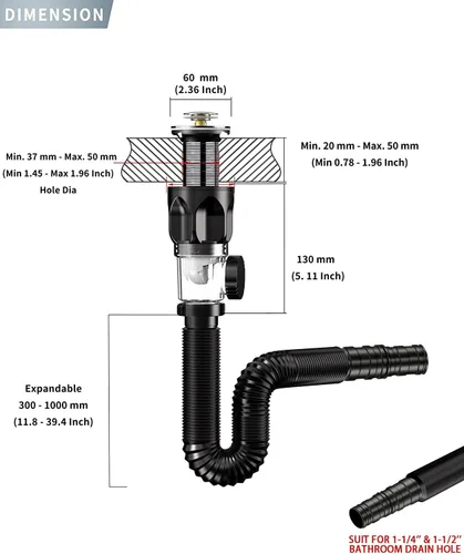 Miniatura 6 de Kit de drenaje de lavabo de baño: kit de drenaje flexible con tubo de drenaje para fregadero flexible y expandible P-tramp, trampa rápida con tapón