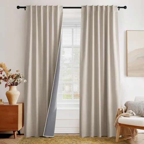 Miniatura 36 de PONY DANCE Cortinas de lino 100% opacas de 63 pulgadas de largo para dormitorio, sala de estar, oscurecimiento completo, bolsillo para barra
