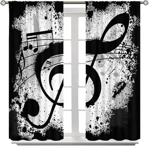 Miniatura 3 de Cortinas de ventana de música, notas musicales blancas y negras, tratamiento de ventana de patrón abstracto para dormitorio, sala de estar, Music-6