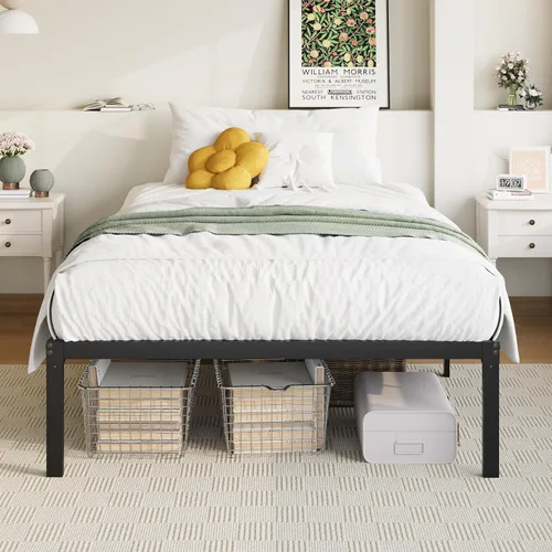 Miniatura 4 de Allewie Base de cama individual, camas de plataforma de metal de 14 pulgadas con espacio de almacenamiento, no necesita somier y fácil montaje, Negro