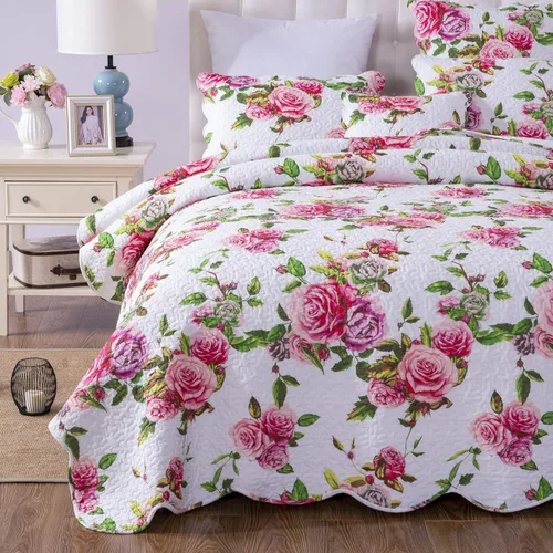 Miniatura 8 de DaDa Bedding Juego de colcha floral de rosas románticas, encantador color rosa y blanco festoneado, colorido, ligero, transpirable, colcha acolchada
