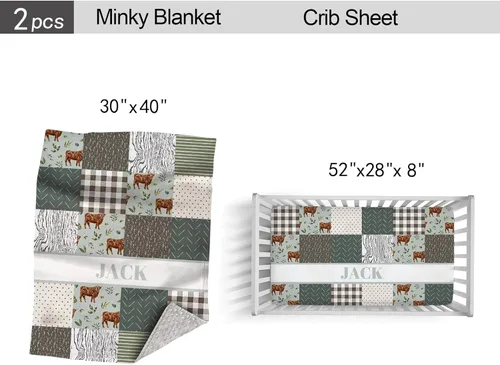Miniatura 4 de Juego de cama personalizado para bebé, edredón para cuna con nombre personalizado y sábana bajera para niños y niñas, color verde vaca de tierra