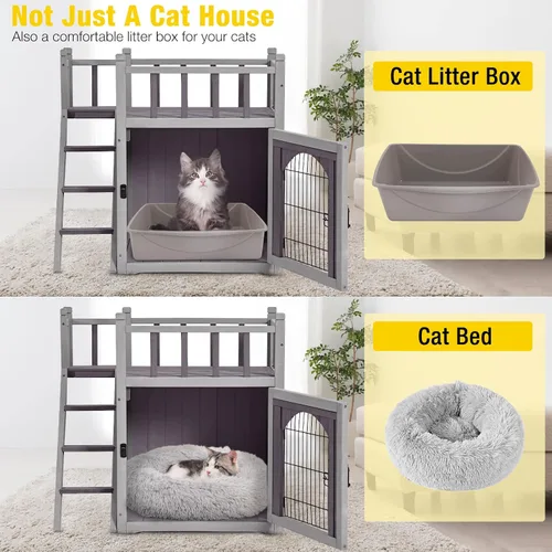 Miniatura 2 de Aivituvin Casa para gatos al aire libre con puerta de alambre con cerradura, refugio de madera para perros, condominio para interiores con balcón