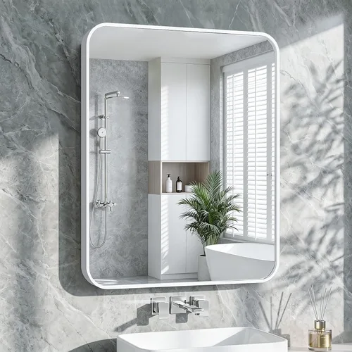 Miniatura 10 de Koonmi Espejo de baño, 30 x 30 pulgadas, espejo con marco de metal negro para baño, vidrio templado, antioxidante, espejo rectangular redondeado