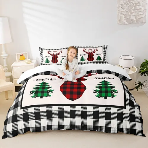 Miniatura 37 de Juego de funda de edredón para niños con diseño de Navidad, tamaño individual, camiones rojos y árboles de pino con copos de nieve, decoración