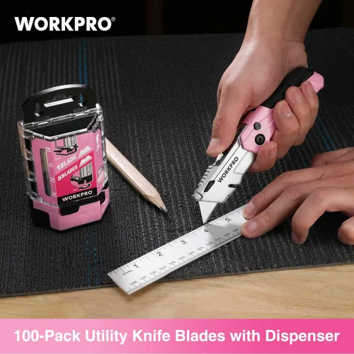 Miniatura 6 de WORKPRO Cuchillas para cuchillos utilitarios, paquete de 100 cuchillas de repuesto con dispensador, acero al carbono SK5, cinta rosa