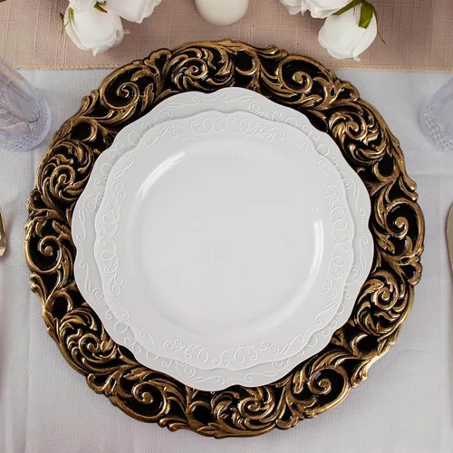 Miniatura 9 de Efavormart juego de 6 platos de plástico redondos de 35.56 cm, negro/dorado con diseño barroco grabado en el borde para eventos de boda y fiesta
