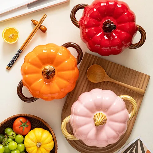 Miniatura 4 de Olla holandesa con tapa, cacerola de postre de cerámica de calabaza, mini fuente para hornear, lindo cuenco de calabaza, olla holandesa de cerámica
