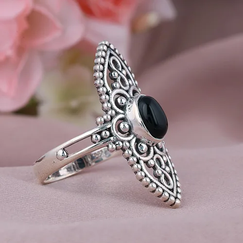 Miniatura 4 de Anillo ovalado de plata esterlina 925 con ónix negro y turquesa de 0.197 x 0.276 in, anillos de filigrana para mujer