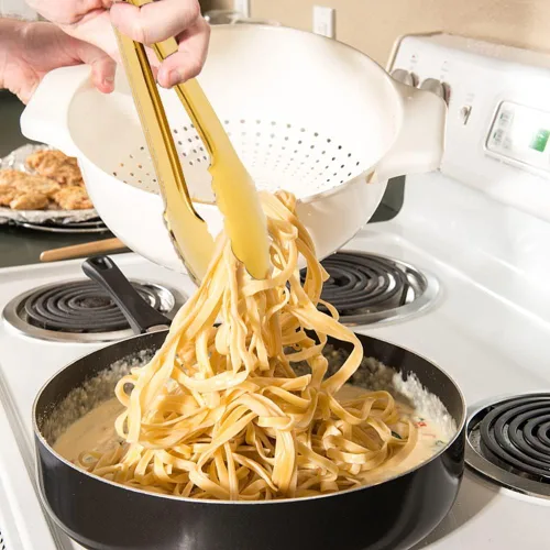 Miniatura 4 de Paquete de 2 pinzas doradas para servir, para ensalada, para bufé, antideslizantes y de fácil agarre, de acero inoxidable, chapadas en oro