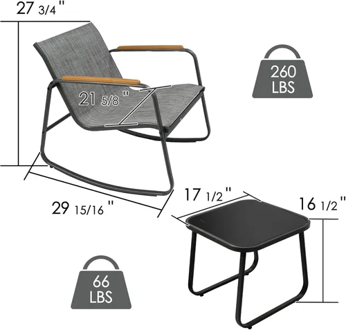 Miniatura 2 de Kozyard Juego de mecedoras de 3 piezas, juego de bistró de textileno para exteriores con reposabrazos de madera, juego de conversación al aire libre