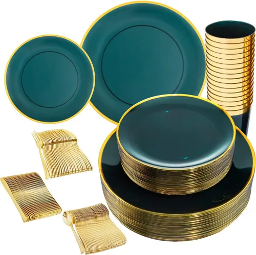 Miniatura 9 de LIYH - Juego de vajilla de plástico desechable de 180 piezas, color blanco y dorado, cubiertos de plástico dorados, platos desechables resistentes