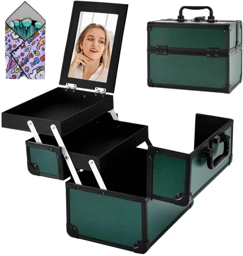 Miniatura 14 de Neceser de Tren de Maquillaje, Estuche de Maquillaje Portátil con Espejo, Organizador de Cosméticos de 2 Bandejas, Organizador de Esmalte de Uñas