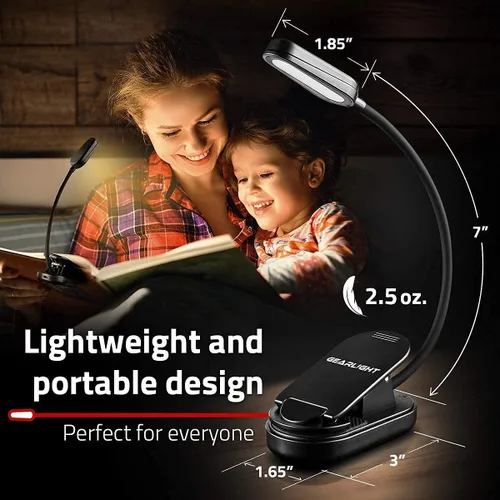 Miniatura 4 de GearLight Luz de libro recargable para leer en la cama – Lámpara LED con clip manos libres con 3 modos de luz, brillo ajustable, luz de lectura Negro