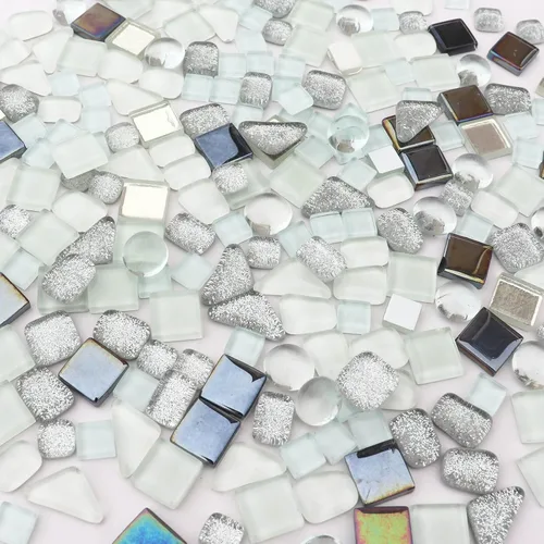 Miniatura 5 de LITMIND Azulejos de mosaico de cristal irregular plateado blanco surtidos, paquete de valor de 9oz - Perfecto para manualidades artísticas, Serie