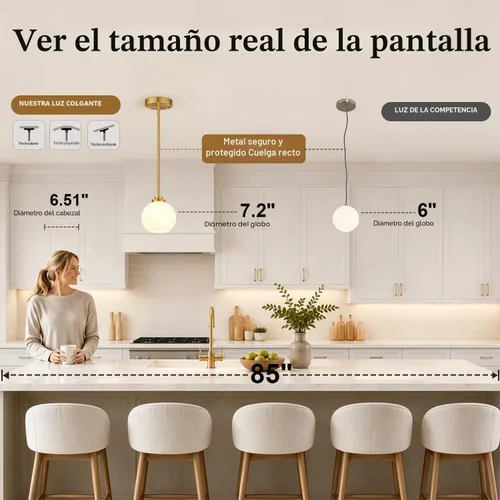 Miniatura 5 de Paquete de 2 luces colgantes de vidrio ajustable de 22 a 50 pulgadas de altura para isla de cocina, luces colgantes de globo dorado cepillado