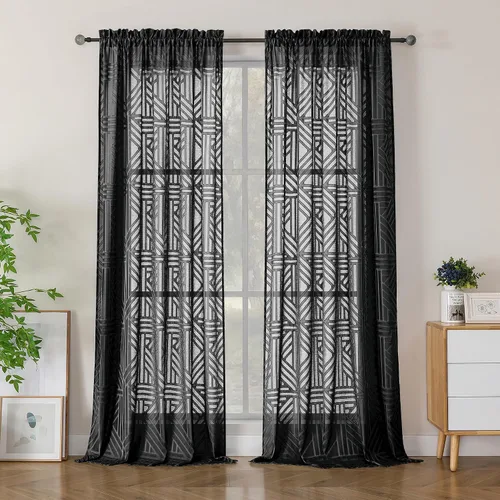 Miniatura 91 de Simplebrand Cortinas traslúcidas negras de cocina de 24 pulgadas de largo, 2 paneles, filtrado de luz, geométrico jacquard con textura, cortinas