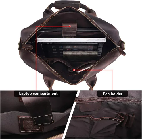 Miniatura 4 de Polare - Maletín de cuero para hombre, bolsa de mensajero de viaje de negocios de 15.6 pulgadas, cremallera metálica YKK