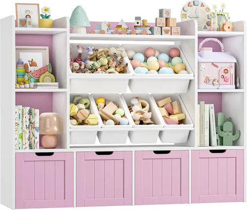 Miniatura 6 de FINETONES Organizador de almacenamiento de juguetes de 55.1 pulgadas con 6 cubos de juguetes, organizador grande de juguetes, estantería para niños