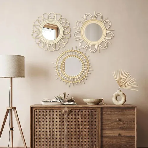 Miniatura 6 de Briful Espejos de Pared Decorativos Beige Juego de 3 Espejos de Pared Redondos de Madera Montados en Pared Espejos Sunburst Colgantes Arte de Pared