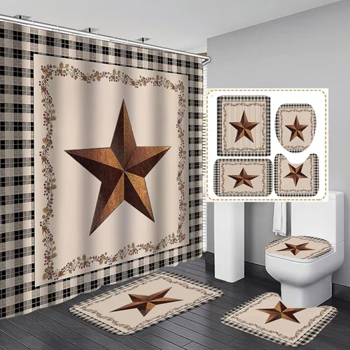 Camille&Andrew - Juego de 4 cortinas de ducha vintage con diseño de estrellas del oeste de Texas, color negro y beige, búfalo primitivo, bayas,