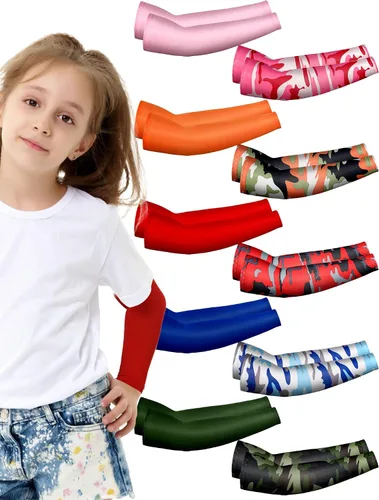 Miniatura 9 de Xuhal 10 pares de mangas de brazo para niños, jóvenes, baloncesto, fútbol, béisbol, protección UV, protección solar, compresión deportiva, cubierta