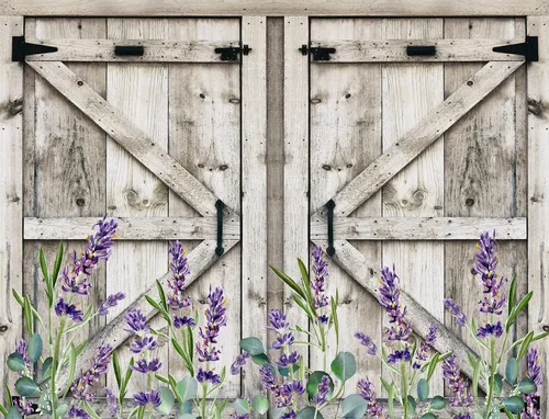 Miniatura 3 de LB Telón de fondo de fotos de madera rústica de 5 x 3 pies, puerta de granero vintage con flores moradas y hojas verdes, telón de fondo de lavanda
